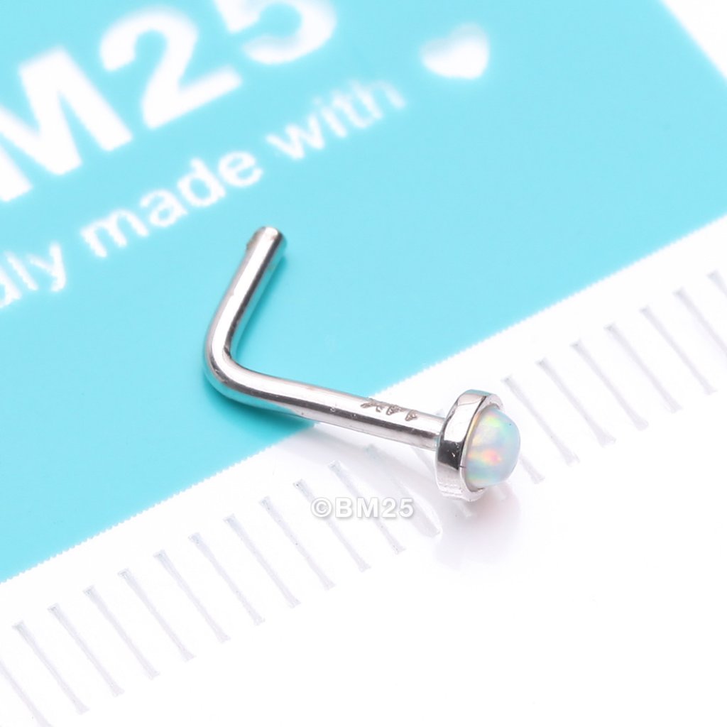 14 Karat White Gold Fire Opal Bezel Set LShaped Nose Ring